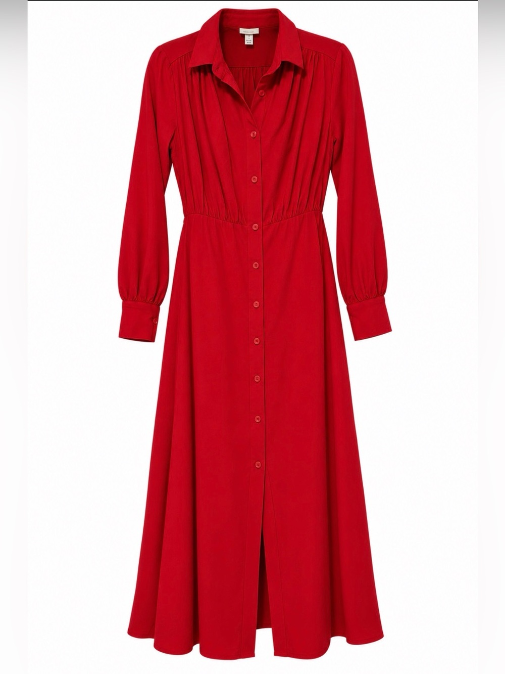 Elegant Red Long-Sleeve Button-Front Midi Dress